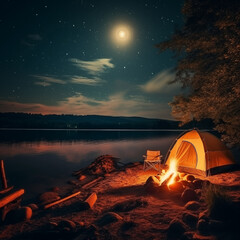 Camping tent river coast night