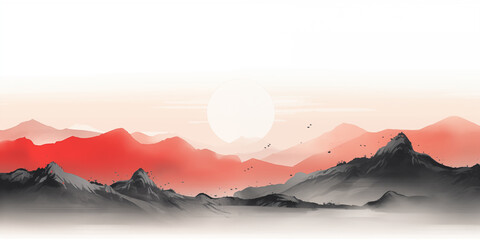 Watercolor misty mountains. Black and red ink oriental landscape, Japanese minimalist nature scene with fog under rocks, traditional asian art