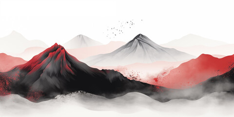 Watercolor mountains landscape. Abstract minimal panorama with mountain peaks and volcano, grunge scenery with black and red spots. Minimal oriental background
