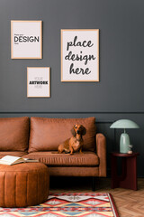 Interior design of living room interior with mock up poster frame, brown sofa, round pouf, patterned rug, wooden coffee table, mint lamp, dog and personal accessories. Home decor. Template.