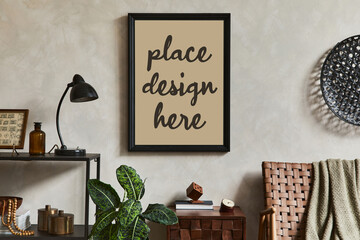 Creative interior composition of elegant masculine living room design with mock up poster frame,...