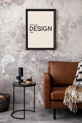 Loft style of modern apartment with mock up poster frame, round coffee table, brown sofa, stripes...