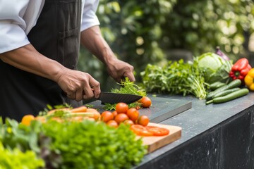 chef chopping vegetables on an outdoor counter - Powered by Adobe