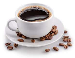 Cup of coffee and coffee beans isolated on white background.