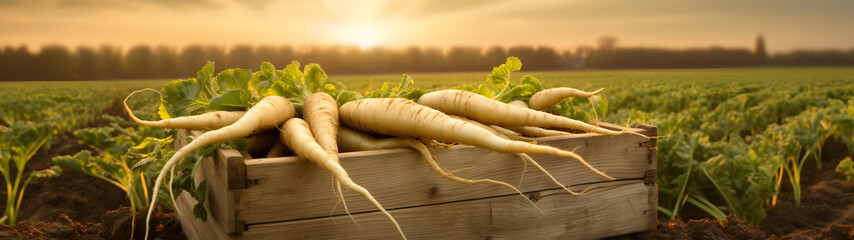 Parsnip root harvested in a wooden box with field and sunset in the background. Natural organic fruit abundance. Agriculture, healthy and natural food concept. Horizontal composition, banner. - obrazy, fototapety, plakaty
