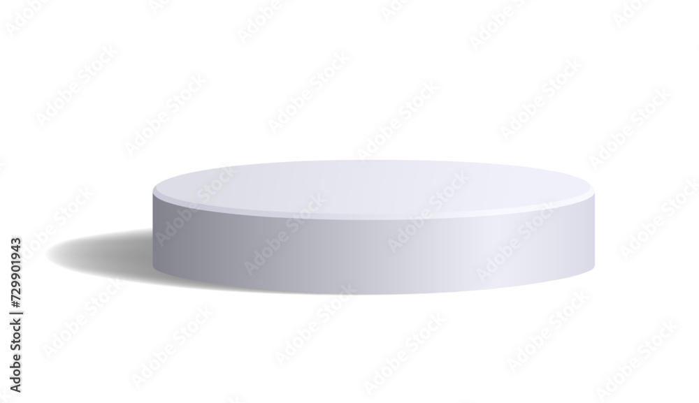 Wall mural empty white round shaped podium isolated on white. realistic monochrome low studio platform with lig