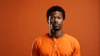 Fototapeta premium Portrait of a confused puzzled minded African American man in orange top isolated on orange background, with copy space