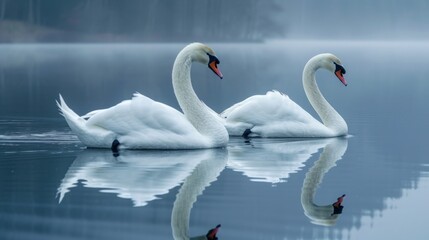 A pair of swans gliding serenely across the mirror-like surface of a tranquil lake