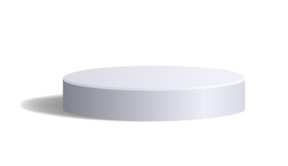 Empty white round shaped podium isolated on white. Realistic monochrome low studio platform with light reflections and shadow in 3D style. Blank vector template for product presentation.
