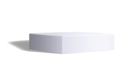 Empty white cube or square shaped podium isolated on white. Monochrome low studio platform with realistic light reflections and shadow in 3D style. Blank vector template for product presentation.