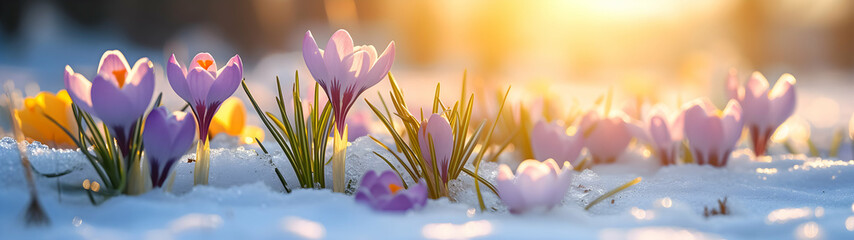Colorful crocus flowers and grass growing from the melting snow and sunshine in the background. Concept of spring coming and winter leaving.