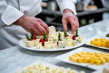 Obraz na płótnie Canvas chef arranging a cheese plate, teaching presentation