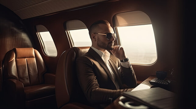 Mysterious businessman donning sharp suit and sunglasses takes in view as he leisurely sits inside business jet airplane, exuding air of intrigue and elegance