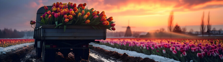 Truck car with colorful tulip flowers on the road in a winter countryside with sunset. Concept of spring coming and winter leaving. Horizontal, banner.