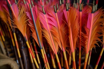 tight shot of arrows with bright feathers in quiver