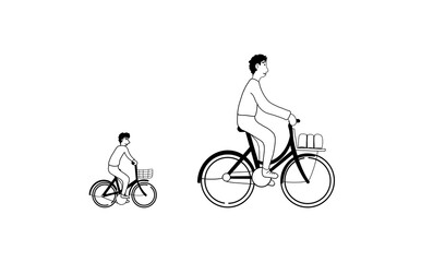 Happy father, son riding a bicycle, cycling exercise, Man riding bicycle in city, cartoon animation, perfect loop, cycling along road, riding bicycle along the city, businessman riding bike