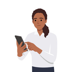 People with phone. A woman is typing a message on the phone. The girl is holding a smart phone in her hands. Vector image. Flat vector illustration isolated on white background