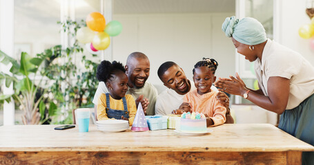 Birthday cake, family and children with parents for celebration, clapping and cheers for party at...