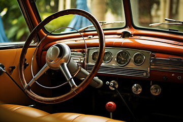 Steering wheel and dashboard of old car