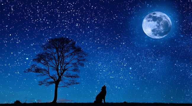 Beautiful wallpaper and dog against night starry sky background