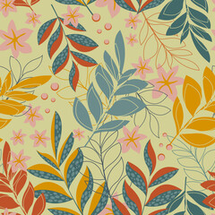 Fantasy leaves and branches form a modern botanical seamless pattern for textiles. 