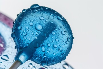 blue lollipop with water droplets, closeup