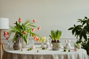 Tapeten Interior design of easter dining room with colorful eggs, white hare sculptures, vase with tulips, plants, lamp, beige wall with stucco, gray hen and personal accessories. Home decor. Template. © FollowTheFlow