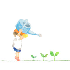 新芽に水をかける男の子