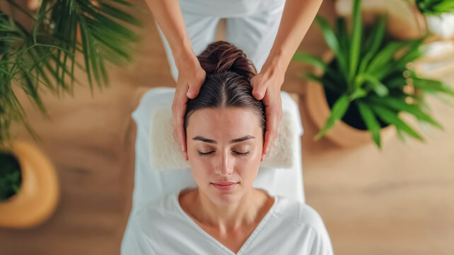 une femme allong&eacute;e sur le dos sur une table de massage se fait masser la t&ecirc;te par une masseuse professionnelle