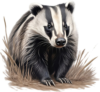 Badger. Close-up colored-pencil sketch of Badger, Meles meles.