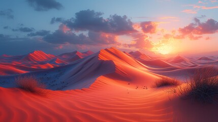 Desert Sonnet - A Sunset's Embrace, Painting Warm Hues on Rolling Sand Dunes with Shadows as Time's Silent Poem. Made with Generative AI Technology - obrazy, fototapety, plakaty