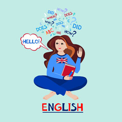 English. Illustration for book, dictionary, vocabulary, speaking, reading, writing, listening skills. Learn English concept. Young woman girl student learning english. Education vector 