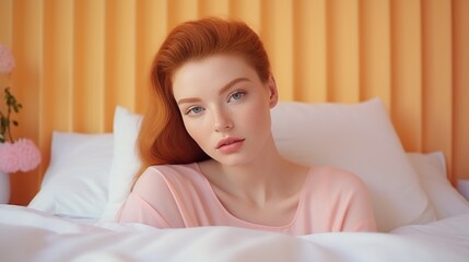 Obraz na płótnie Canvas Serene redhead woman lying in bed with striped background