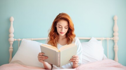 Redhead woman enjoying a book in a serene bedroom