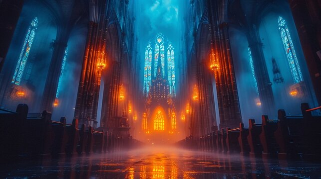Gothic Cathedral Illuminated by Moonlight and Neon Lights Generative AI