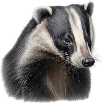 Badger. Close-up colored-pencil sketch of Badger, Meles meles.