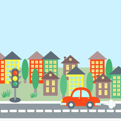 Template with a car on a road in the city with buildings and a traffic light. Cartoon vector illustration for book cover, print, poster.