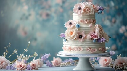 An elegant three-tiered birthday cake with pastel floral accents on a minimalist background - obrazy, fototapety, plakaty