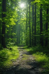 A tranquil forest path with dappled sunlight filtering through the serene canopy.