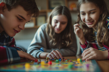 Fototapeta premium Joyful Children Engaged in Board Game: Heartwarming Scene of Playful Laughter and Positive Interaction, Fostering Bonds and Fun Memories