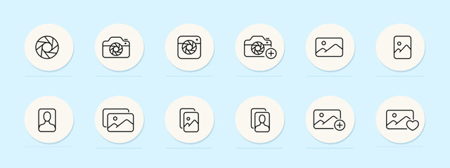 Camera line icon. Versatile, high-resolution, professional-grade, photography, innovation, precision, compact, lightweight. Pastel color background. Vector line icon for business and advertising