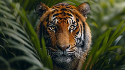 AI generated illustration of a close-up portrait of a Bengal tiger in a green jungle