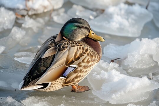 duck preening its feathers while seated on chilly ice