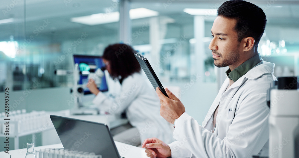 Poster scientist, thinking on computer and tablet for laboratory research, dna analysis and results in medi