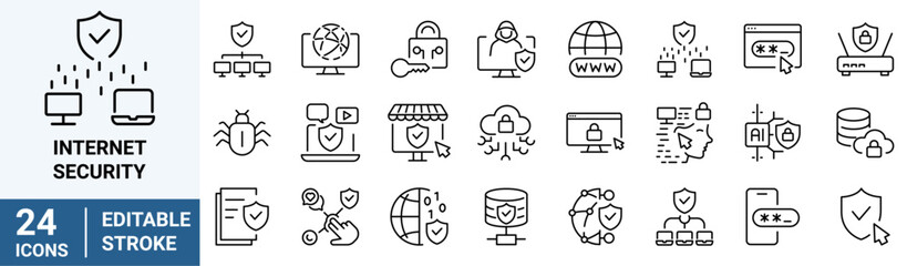 Internet security web icons in line style. Security, privacy, information, data, protect, cyber lock, unlock, shield, key. Vector illustration.
