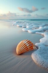 A tranquil beach scene with just a single, perfectly placed seashell in the sand