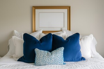 frame above a bed with white linens and blue pillows