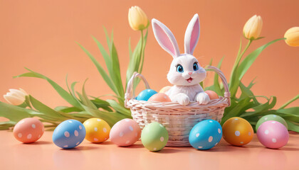 Fototapeta na wymiar Easter scene with playful toy rabbits and colorful eggs. Rabbits are sitting in baskets with bright and colorful eggs.