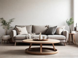 Round wooden coffee table near white sofa against wall. Scandinavian home interior design of modern living room.