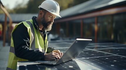 Solar panel installer working with laptop checking solar energy